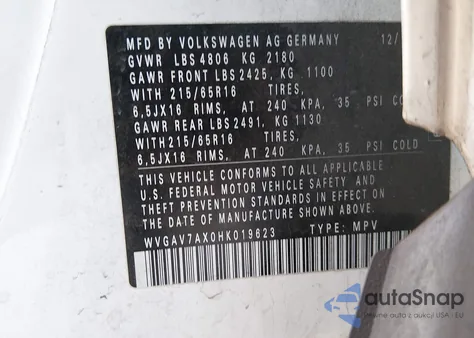 2017 Volkswagen Tiguan 2.0T/2.0T S из США, поврежденный, VIN WVGAV7AX0HK019623